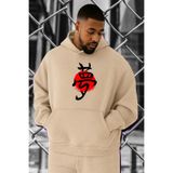 BENROMA 3 Iplik Penye Uzak Doğu Baskılı Büyük Beden Sweatshirt, Bej, 2XL