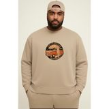 BENROMA 3 Iplik Penye Wos Wos Baskılı Büyük Beden Unisex Sweatshirt, Bej, 3XL