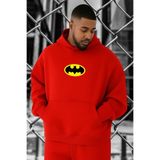 BENROMA 3 Iplik Penye Yarasa Baskılı Büyük Beden Sweatshirt, Kirmizi, XL