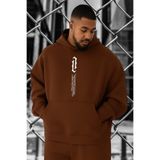 BENROMA 3 Iplik Penye Yazi Baskılı Büyük Beden Sweatshirt, Kahverengi, M