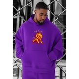 BENROMA Aslan Baskılı Büyük Beden Sweatshirt, Mor, XL