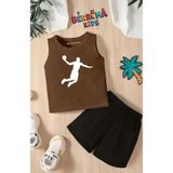 BENROMA Basketbol Baskılı Şort Tişört Unisex Çocuk Takımı,Kahverengi 3-4 Yaş