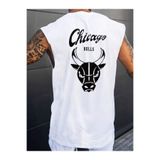 BENROMA Chicago Baskılı Oversize Unisex Kolsuz Tişört,Beyaz XL