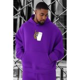 BENROMA Kahve Baskılı Büyük Beden Sweatshirt, Mor, 3XL