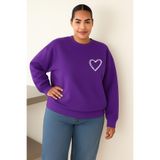 BENROMA Kalp Baskılı Büyük Beden Unisex Sweatshirt, Mor, XL