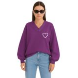 BENROMA Kalp Baskılı Ünisex V Yaka Sweatshirt, Mor, XL