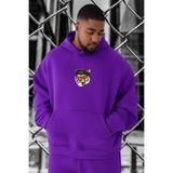 BENROMA Kaplan Baskılı Büyük Beden Sweatshirt, Mor, L