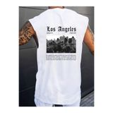 BENROMA Los Angeles Baskılı Oversize Unisex Kolsuz Tişört,Beyaz XL