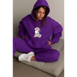 BENROMA Tavşan Baskılı Ünisex Kapüşonlu Sweat, Mor, 2XL