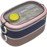 Bento 1300ML Lunchbox 2 Katlı 3 Bölmeli Paslanmaz Çelik Sefer Tası Yemek Kutusu (Pembe-Mor) - Kestane Akaju - Option-1