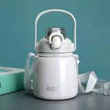 Bentopia Paslanmaz Çelik Tombul Su Matarası - 650ML - Askılı ve Pipetli Çelik Suluk - Beyaz