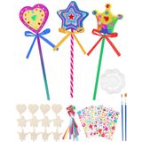 Benvo 12 Adet Prenses Peri Değnekleri Kiti Kalp Tiara Yıldız Ahşap Değnekler Bitmemiş Ahşap El Sanatları Ahşap Sihirli Değnekler, Mücevher Çıkartmaları, Şeritler, Kızlar için Boyama Fırçaları Parti Malzemeleri Sanat El Sanatları Projeleri