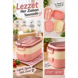 Beny Store 2 Katlı Beslenme Kabı Çatal Kaşıklı Kilitli Kapaklı Plastik Yemek Taşıma Kutusu Lunch Box Pembe