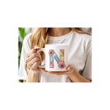 Beramussa N Harfli Retro Çiçekli Kupa Bardak - Patchwork Tarz Yamalı Desenli İsme Özel Kupa - Hediye