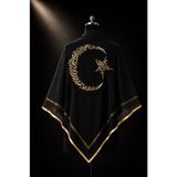 Beraye Damat Örtüsü, Kare Siyah Şifon Damat Omuz Örtüsü, Gold Ayyıldız Nakışlı Gold Biyeli Kenar, Sağdıç Nedime Kına Asker Duvağı - Siyah - Gold - Motifli