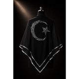 Beraye Damat Örtüsü, Kare Siyah Şifon Damat Omuz Örtüsü, Gümüş Ayyıldız Nakışlı Gümüş Biyeli Kenar, Sağdıç Nedime Kına Asker Duvağı - Siyah - Gümüş - Motifli