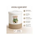 Berçak Home Ayıcıklı Kapaklı Hasır Sepet – Oyuncak & Düzenleyici Sepet – Doğal İp Organizer