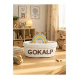 Berçak Home Kişiye Özel İsimli Örgü Sepet – Gökkuşağı Detaylı Bebek Odası Organizer