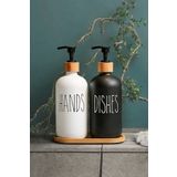 Berdina Home 2 li Hands Dishes Siyah Beyaz Dekoratif Mutfak Banyo Sıvı Cam Sabunluk Seti 500ml Bambu Stantlı Set