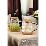 Berdina Home 2li Bambu Kapaklı Üzüm Tanesi Boncuk Bardak 350ML Isıya Dayanıklı Cam Pipetli Kahve Sunum Bardağı - 350 ml - Şeffaf