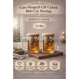 Berdina Home 2li Borosilikat Cam Süzgeçli Bambu Kapaklı Kupa Kulplu Demlik Modeli Çift Kat Bitki Çay Bardağı 400 Ml. - Şeffaf