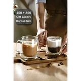 Berdina Home 2'li Çift Cidarlı Bardak Seti 350+450 ml Isıya Dayanıklı Espresso Sunum Bardağı Kulplu Kahve Kupası - Şeffaf