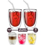 Berdina Home 2li Çift Cidarlı Cam Bardak 350 ml Pipetli Çay Kahve Sunum Bardağı Isıya Dayanıklı Kupa Bardak Seti - Şeffaf