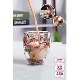 Berdina Home 2'li Çift Cidarlı Çiçekli Bardak 250 ml El Yapımı Borosilikat Cam Set - Renkli