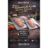 Berdina Home 2li Paslanmaz Çelik Kesme Panosu 20x30cm 24x34cm Suya Dayanıklı Tezgah Koruyucu Çelik Kesim Tahtası