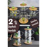 Berdina Home 3D Avakado Figürlü Baskılı Sıcak Soğuk Borosilikat Cam Meşrubat Kupası Su Çay Bardağı Bambu Kapaklı - Renkli