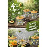 Berdina Home 3D Avakado Figürlü Baskılı Sıcak Soğuk Borosilikat Cam Meşrubat Kupası Su Çay Bardağı Bambu Kapaklı