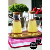 Berdina Home 3'lü Setahşap Stantlı Bambu Kapaklı Cam Yağdanlık Vakumlu Sirkelik Zeytinyağı Şişesi Yağlık 900 ml