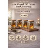 Berdina Home 4lü Borosilikat Cam Süzgeçli Bambu Kapaklı Kupa Kulplu Demlik Modeli Çift Kat Bitki Çay Bardağı 400 Ml. - Şeffaf