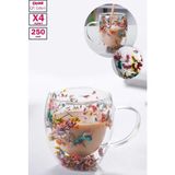 Berdina Home 4'lü Çift Cidarlı Çiçekli Bardak 250ML Kahve Çay Bardağı El Yapımı Kulplu Borosilikat Cam Bardağı - Şeffaf - 4 Adet