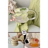 Berdina Home 4lü Üç Büklüm Koreo Kulplu Dev Şerit Cam Bardak Pipetli Meşrubat Kahve Sunum Kokteyl Bardağı 400ml