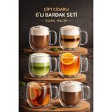 Berdina Home 6'lı 350 ML Çift Cidarlı Cam Bardak Seti Isıya Dayanıklı Şeffaf Tasarım Kahve Çay Latte Sunum