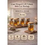 Berdina Home 6lı Borosilikat Cam Süzgeçli Bambu Kapaklı Kupa Kulplu Demlik Modeli Çift Kat Bitki Çay Bardağı 400 Ml. - Renkli