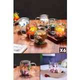 Berdina Home 6'lı Çift Cidarlı Çiçekli Bardak 250ml Kahve Çay Bardağı El Yapımı Kulplu Borosilikat Cam Bardağı
