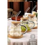 Berdina Home 6'lı Üzüm Tanesi Bambu Kapaklı Boncuk Bardak 350 ml Isıya Dayanıklı Cam Pipetli Kahve Sunum Bardağı - Şeffaf