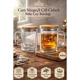 Berdina Home Borosilikat Cam Süzgeçli Bambu Kapaklı Kupa Kulplu Demlik Modeli Çift Kat Bitki Çay Bardağı 400 Ml. - 1 Adet - Şeffaf