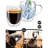 Berdina Home Çift Cidarlı Bardak Kupa 350 ml Ev Ofis Espresso Kahve Çay Fincanı Borosilikat Kulplu Cam Bardak - Şeffaf