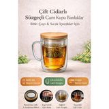 Berdina Home Süzgeçli Cam Kupa Bardak Çift Cidarlı Isı Yalıtımlı Bambu Kapaklı Bitki Çayı Fincanı Seti - Şeffaf - 400 ml