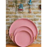 Bereka Tepsi Seti Ahşap Kulplu Krem Metal Çay Tepsisi Kahve Sunum Kahvaltı 3'lü Tepsi Seti 30-37-50 cm - Pembe