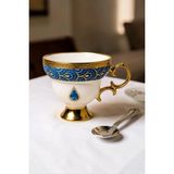 Bereketli Store Acar Gold Detaylı Osmanlı Mavi Desenli Porselen Kupa – Şık Kahve ve Çay Kupası - 300 ml