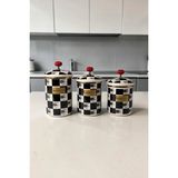 Bereketli Store Acar Kitchen Beyond Emaye Qualita King Dama Desenli 3’lü Baharatlık Kavanoz Seti – Dekoratif Mutfak Organizeri - Siyah