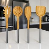 Bereketli Store Metal Saplı Bambu 4’lü Mutfak Seti – Kevgir, Spatula, Yan Spatula ve Makarna Servis Kaşığı