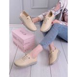 BEREN Hakiki Deri Bej Kadın Ayakkabı Ortopedik Taban Düz Esnek Bağcıklı Comfort Casual Günlük Sneaker 37 701A