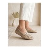 BEREN Hakiki Deri Bej Kadın Babet Ortopedik Taban Lazer Delikli Slip-On Comfort Ayakkabı