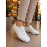 BEREN Hakiki Deri Beyaz Kadın Ayakkabı Ortopedik Taban Düz Esnek Bağcıklı Comfort Casual Günlük Sneaker 38 4