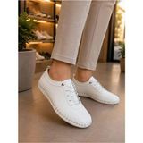 BEREN Hakiki Deri Kadın Ayakkabı Ortopedik Taban Düz Esnek Bağcıklı Comfort Casual Günlük Sneaker - Beyaz